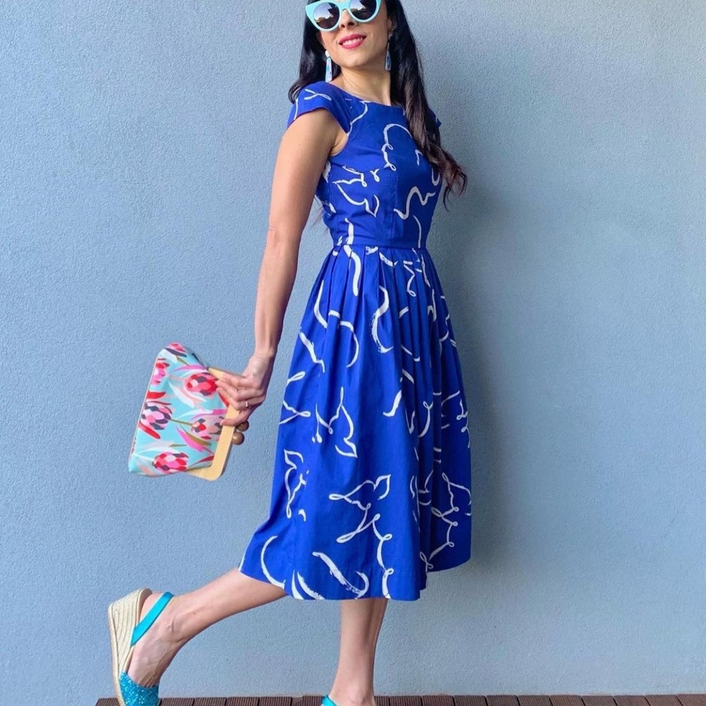 Elegant Blue Print Fit-and-Flare Midi Dress